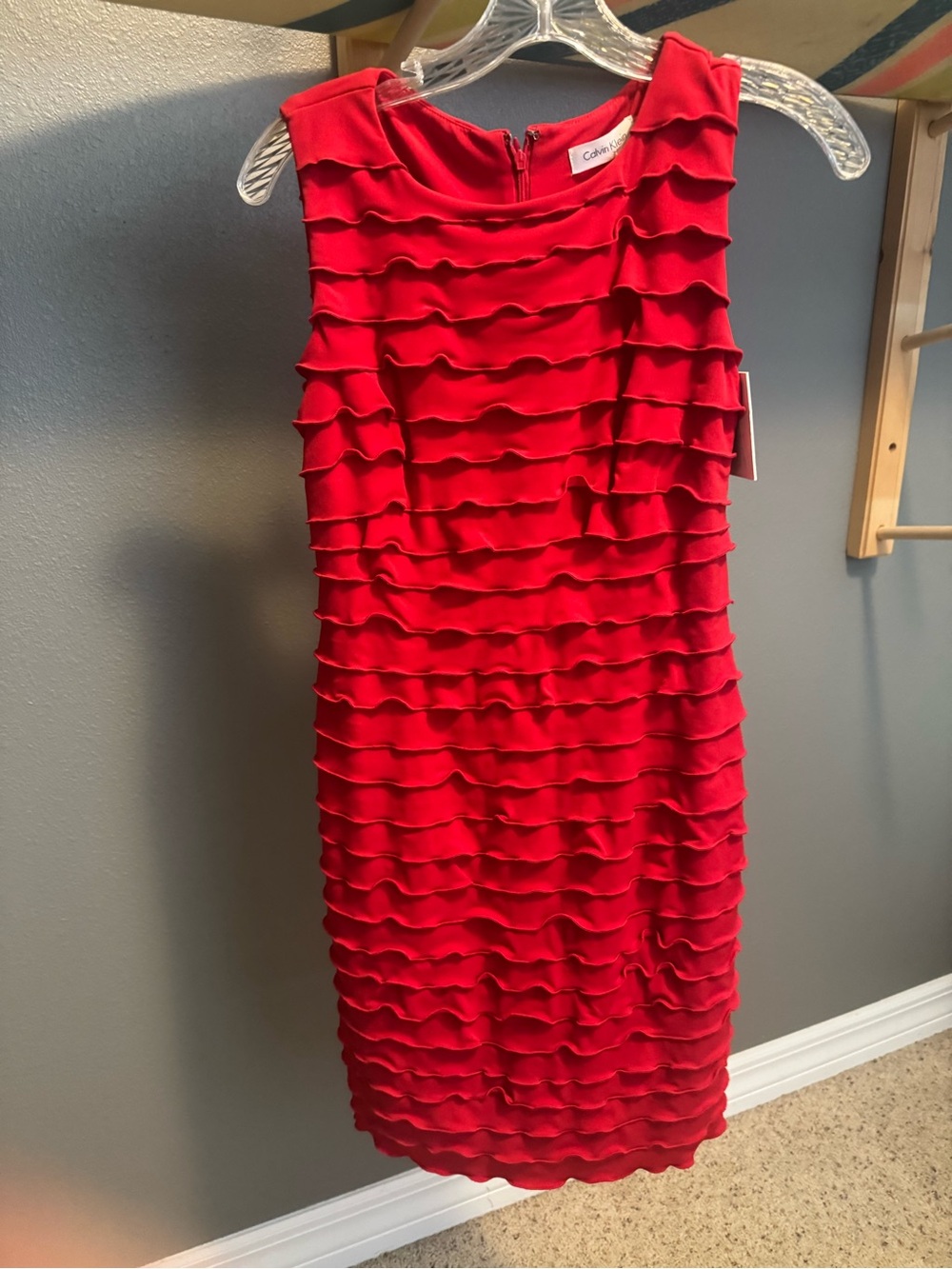 Calvin Klein Red Ruffle Layered Midi Dress